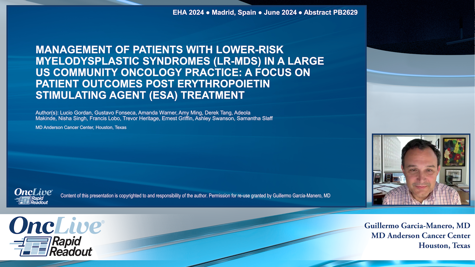 Management of Patients With Lower-Risk Myelodysplastic Syndromes (LR-MDS) in a Large US Community Oncology Practice: A Focus on Patient Outcomes Post Erythropoietin Stimulating Agent (ESA) Treatment