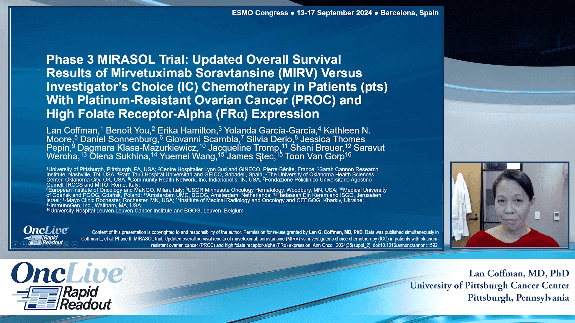 Phase 3 MIRASOL Trial: Updated Overall Survival Results of Mirvetuximab Soravtansine (MIRV) Versus Investigator’s Choice (IC) Chemotherapy in Patients (pts) With Platinum-Resistant Ovarian Cancer (PROC) and High Folate Receptor-Alpha (FR⍺) Expression 